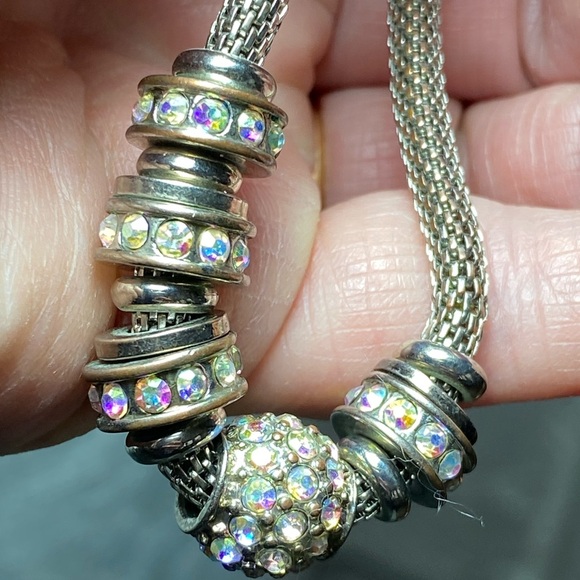 Macy’s mesh stretch bracelet with silver tone, rhinestones, floating beads EUC - Picture 8 of 9